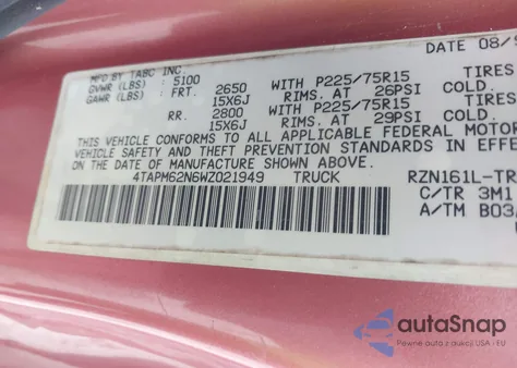 1998 Toyota Tacoma из США, поврежденный, VIN 4TAPM62N6WZ021949